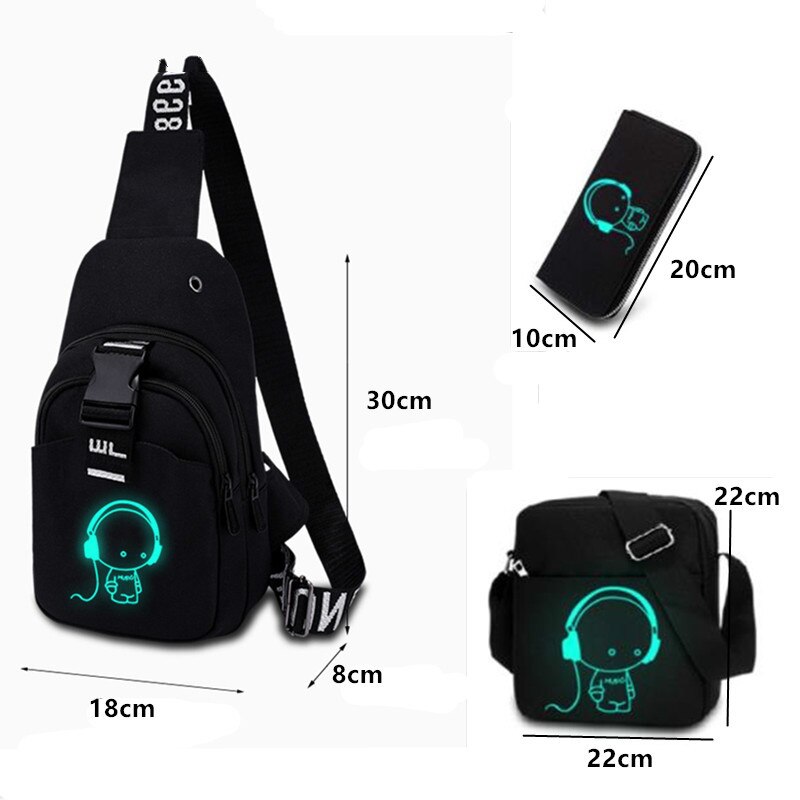 Multifunction moda masculina crossbody sacos de carregamento usb pacote de peito curto viagem luminosa saco de peito dos jovens bolsa de ombro único