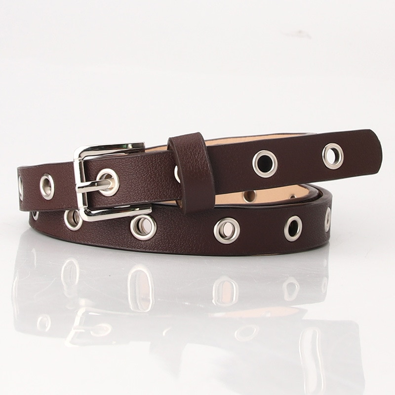 Vintage Punk Black Red Belts For Women Holes Hollow Leather Waist Belt Female Grommet Eyelet Thin Narrow Waistbelts Ladies: Dark Brown
