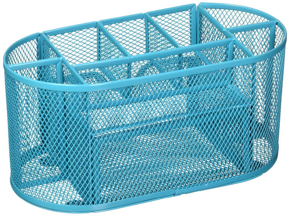 Blue Mesh Desk Organizer Desktop Pencil Holder Accessories Office Supplies Caddy with Drawer, 9 Compartments