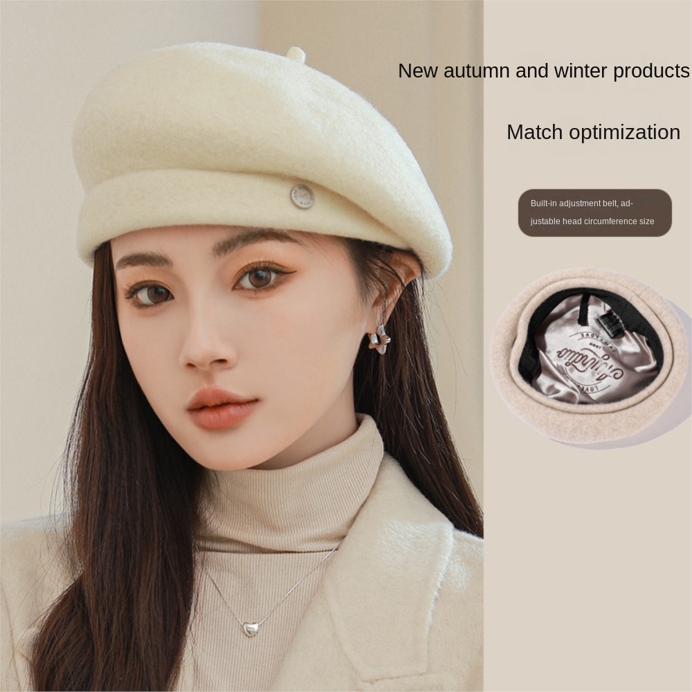 Baret Hoed Dames Herfst Winter Licht Luxe Wolmix Show Gezicht Kleine Mode Schilder Hoeden Engeland Retro Bud Cap
