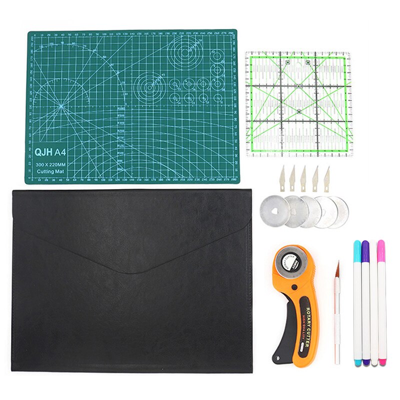 Sewing Kit Set Clothing Sewing Tools Hand Cutting Knife Set Patchwork Cloth Knife Patchwork Ruler DIY tool A4 cutting pad: Light Yellow