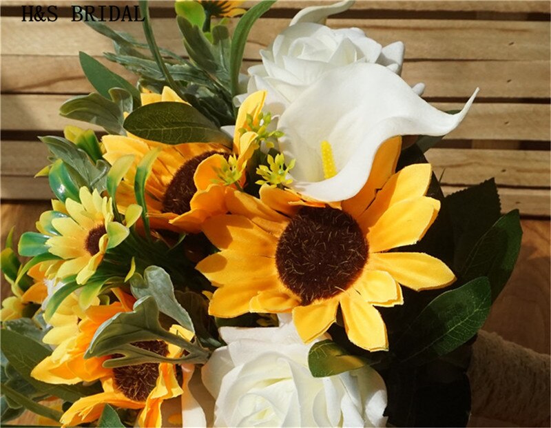 H&amp;S BRIDAL Sunflower Wedding bouquet Calla Lily Sun Flower Bridal Bouquets Yellow Bridesmaid bouquets Artificial Wedding Flower