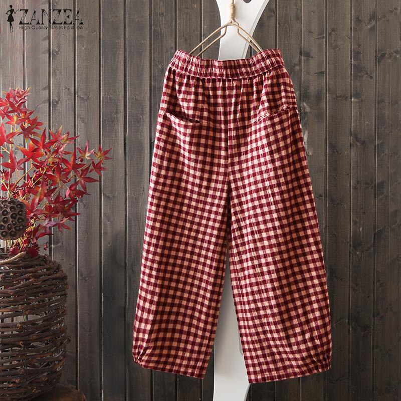 Frauen Baumwolle Leinen Hosen ZANZEA Sommer Plaid Überprüfen Elastische Taille lässig Hosen verlieren Taschen Breite Bein Lange Pantalon Femme