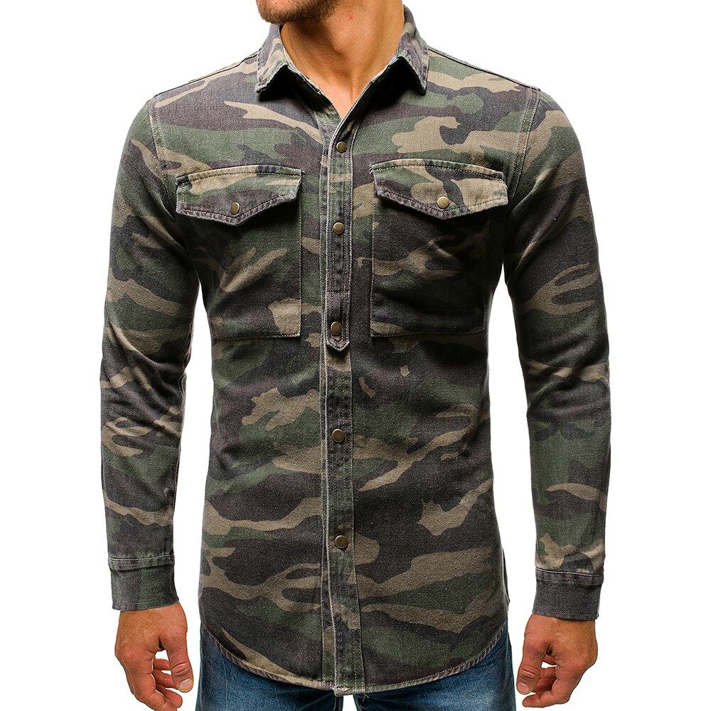 Denim skjorte herre camouflage jean langærmede casual skjorter af høj kvalitet hip hop streetwear sportstøj overalls outwear: Militærgrøn camo / Asiatisk størrelse m