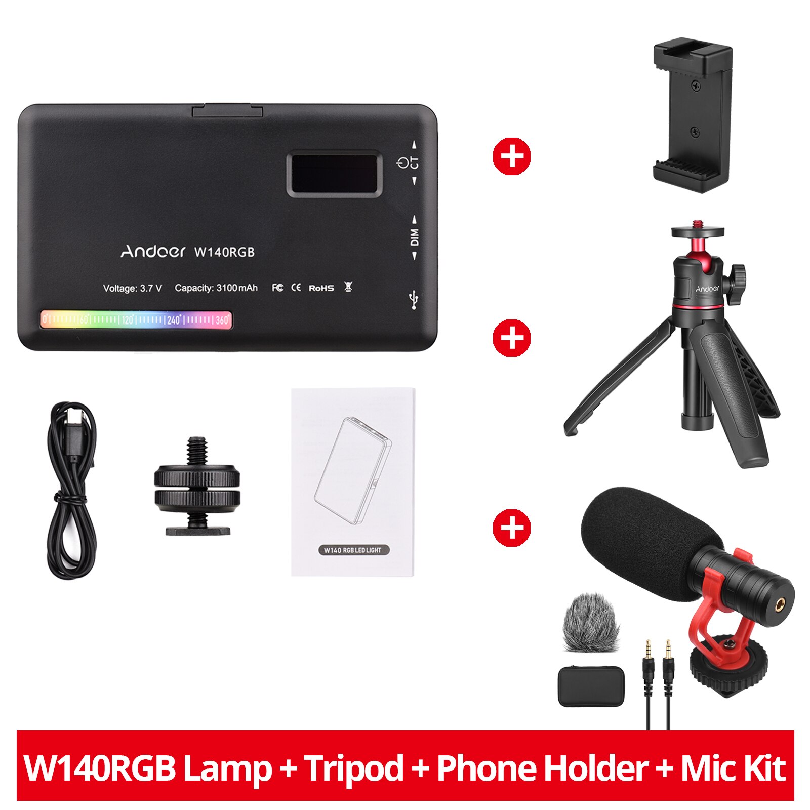 Andoer W140 RGB LED Video Light Rechargeable Photography Fill Light CRI95+ 2500K-9000K 20 Lighting Effects for Video Shooting: Vlog Kit