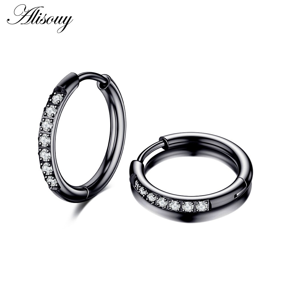Alisouy 2Pcs Rvs Zirconia Crystal Kleine Ronde Cirkel Clip Huggie Vrouwen Mannen Hoepel Oorbellen Oor Helix Piercing Sieraden: EM1463B Black / 12mm