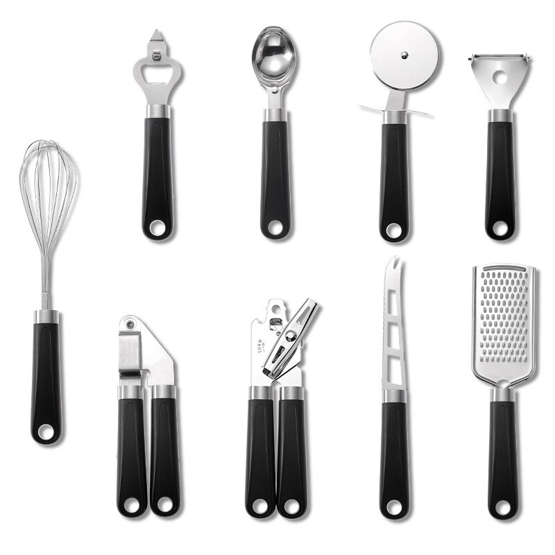 Plastic Handle Stainless Steel Kitchen Gadget Set Home Kitchenware 9-piece Set Of Set Egg Beater: Black handle