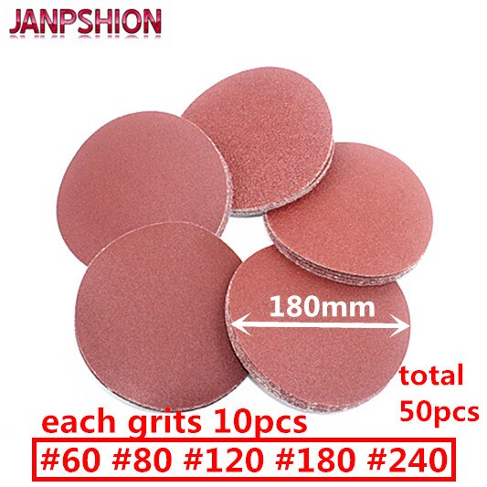 Janpshion 50pc hiomapaperi hiekkapaperi flocking itseliimautuva hiomakone 7 &quot; 180mm rouhea 60 80 120 180 240 punainen pyöreä