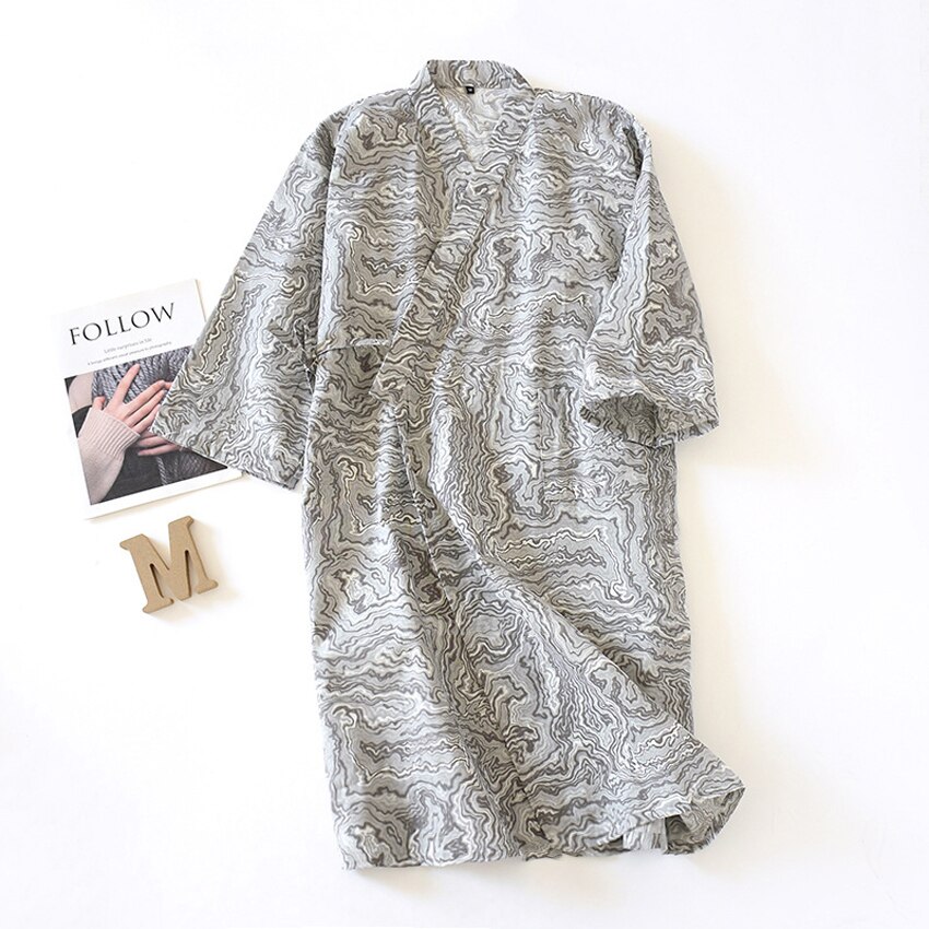 Men Kimono Bathing Robes Cotton Sauna Nightwear Pajamas Wave Print Vintage Japanese Style Yukata Sleepwear Breathable Clothing: Color5 / M