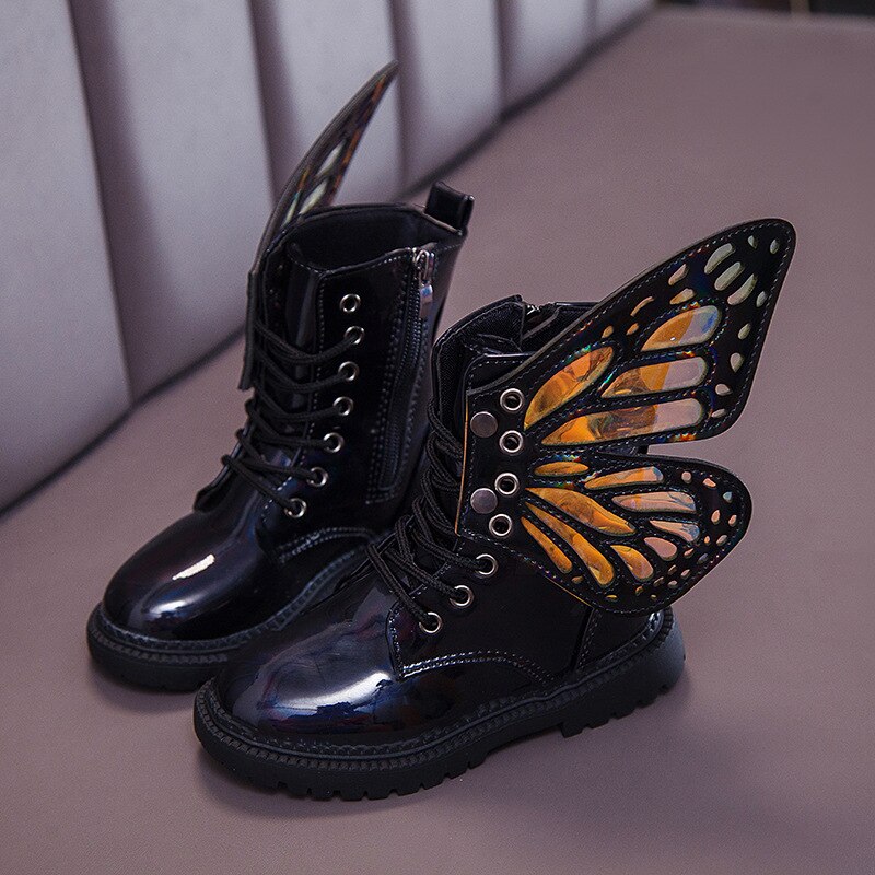 Stivali della ragazza per I Bambini di Moda martino Stivali di Pelle di Brevetto Ragazze scarpe da ginnastica Principessa Scarpe per Bambini Stivali con Ali di Farfalla: nero / 36