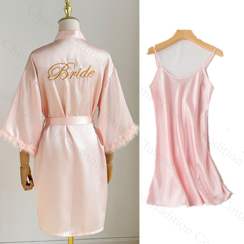 Robe de demoiselle d'honneur en Satin, Kimono, Lingerie intime, Sexy, manches plumes, peignoir, chemise de nuit, vêtements de nuit courts, taille unique