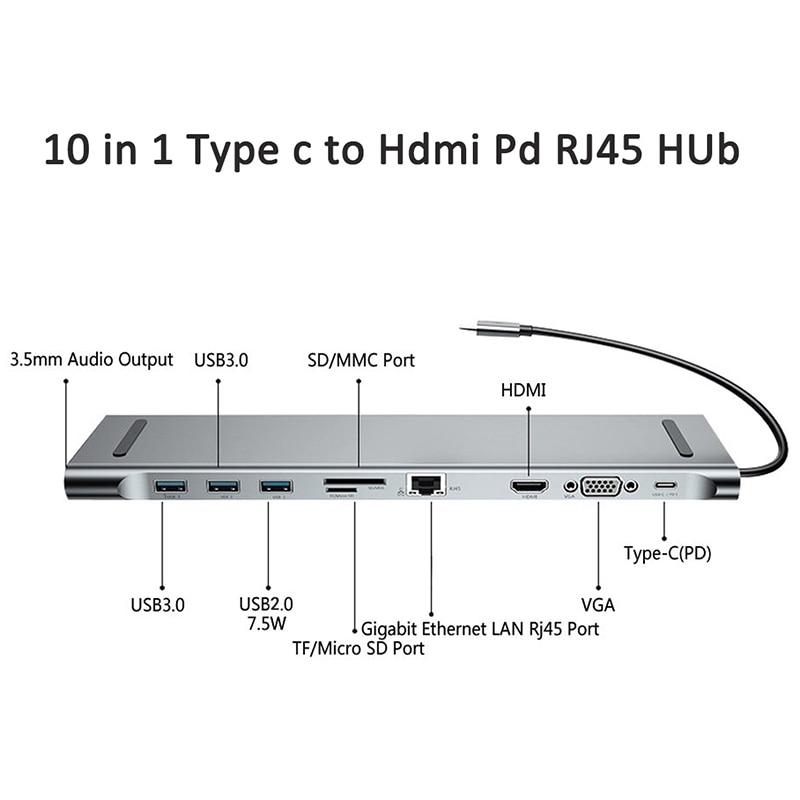 10 en 1 USB Type C Hub adaptateur ordinateur portable Station d'accueil HDMI VGA RJ45 PD Compatible pour HP/ Lenovo/ Surface gris