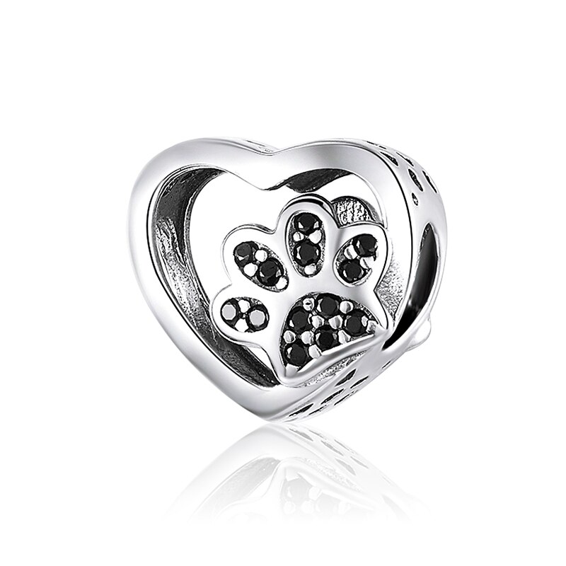 WOSTU 925 Sterling Silver Heart Dog Paw Beads Black Enamel Zircon Charm Fit Original Bracelet DIY Jewelry Making CQC1191-BK: CQC1191-BK