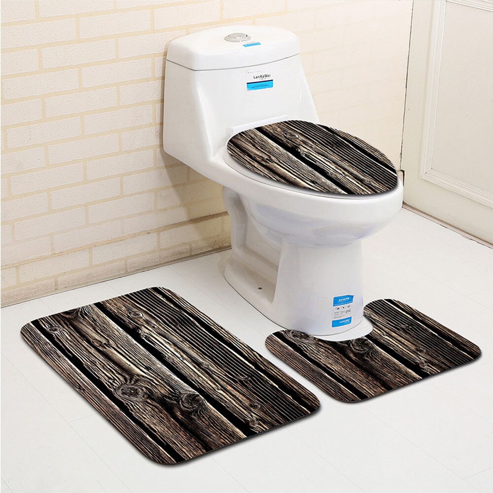 Alfombrilla de baño antideslizante con de madera creativa, juego de decoración para el baño, 3 uds., poliéster, moderno, Aug6: C