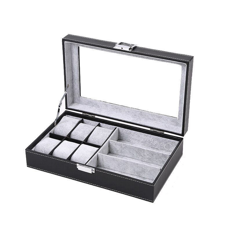 Caja de madera para reloj de lujo con 6 + 3 rejillas, caja para gafas, caja organizadora para joyería, caja de joyería para ver la caja: PU gray