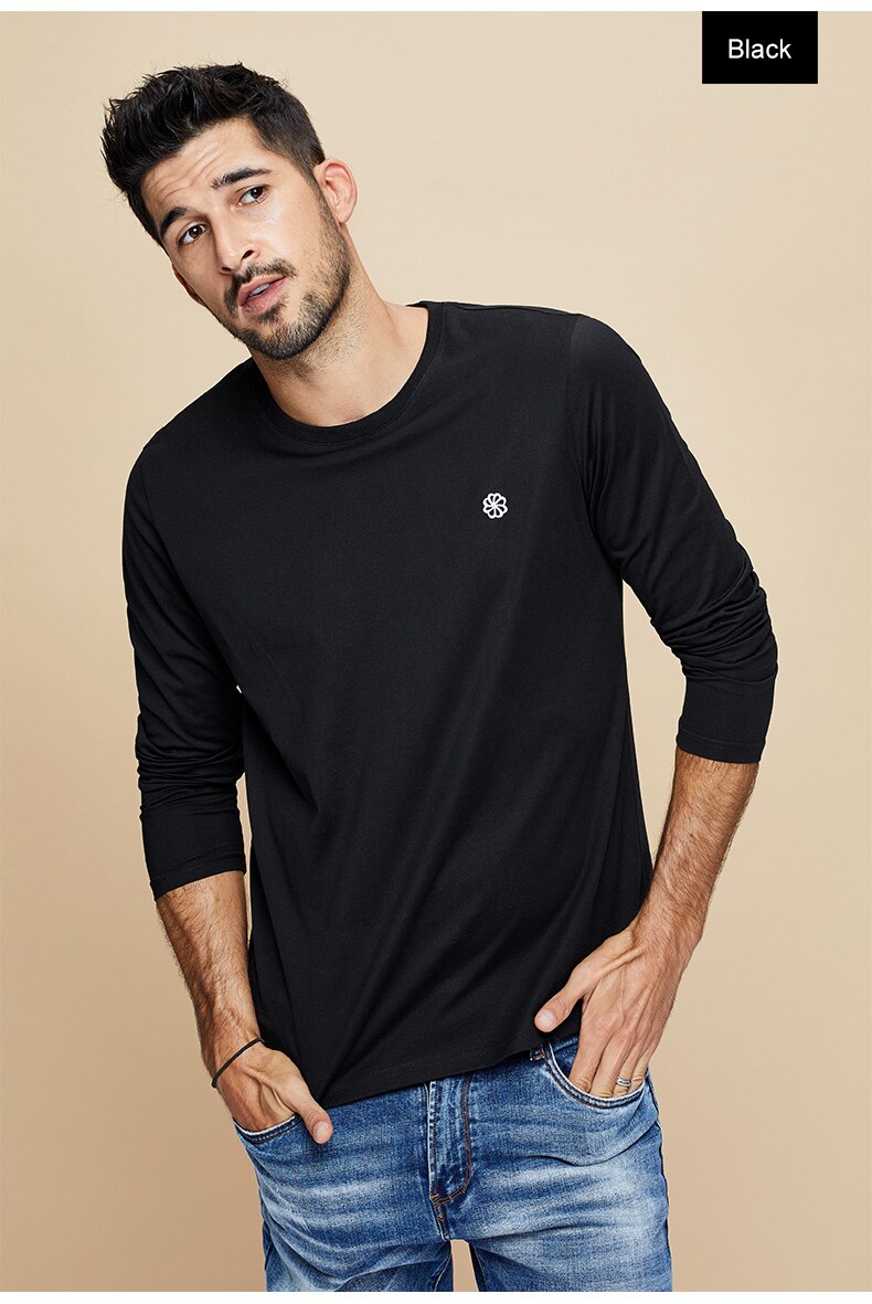 KUEGOU 100% baumwolle männer T-Shirt lange hülse herbst vertraglich stickerei übertragen unliniertes oberes kleid oben Plus größe ZT-496: Schwarz / M