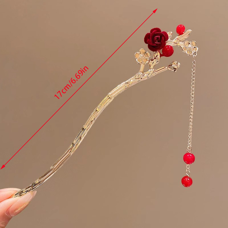 Röd ros tofs hårspinnar kvinnor antik pärla hårnål kvinnlig hårgaffel panna hår ätpinnar huvudbonad alla hjärtans dag