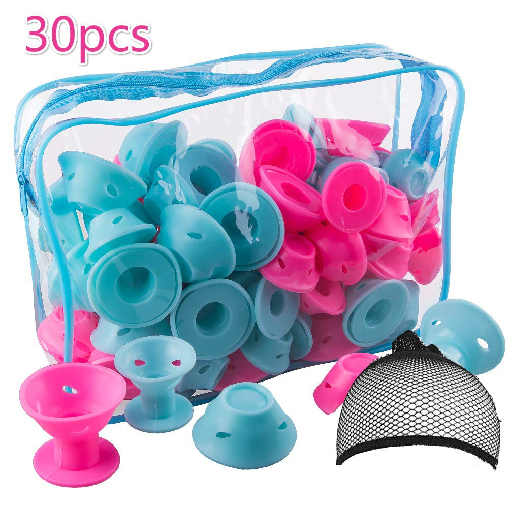 60 Stck Haar Rollen Silikon Blau Rosa Haar Lockenwickler einstellen Weiche Gummi Magie Haar Curler Modeler Heatless Haircurlers: Blau Rosa gemischt 30pc