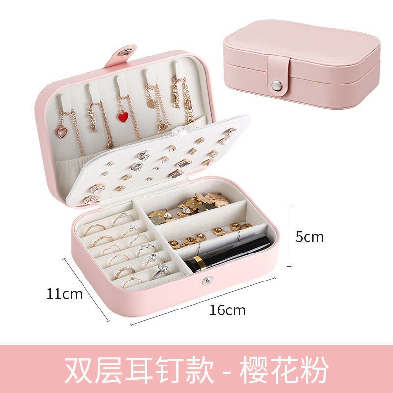 2022 Leather Portable Jewelry Box Double Simple Earrings Ring Jewelry Casket Can Hold 68 Earrings: new pink