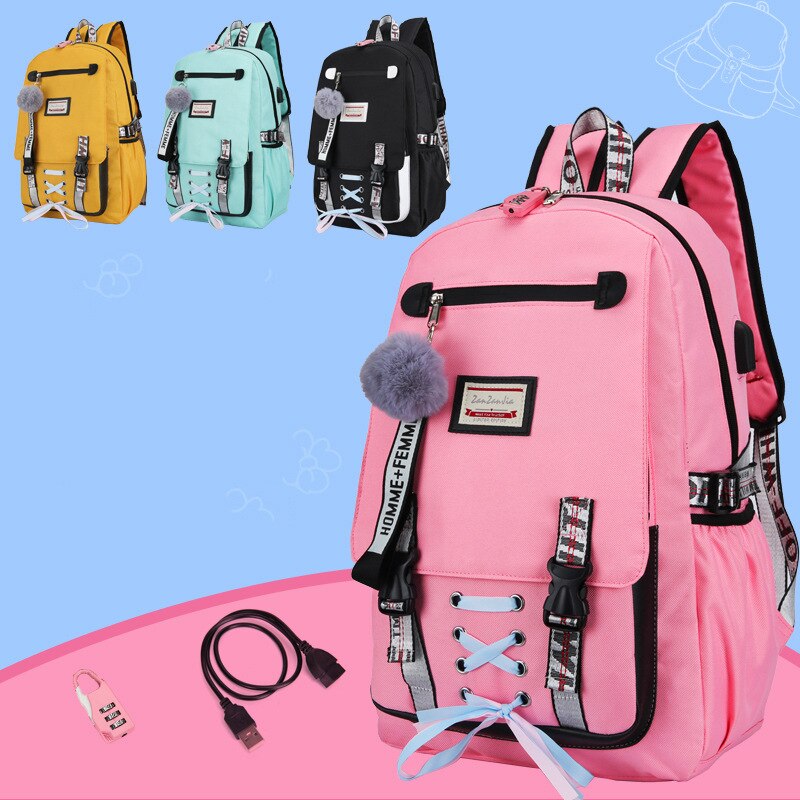 Sacos de escola para meninas adolescentes carregamento usb com bloqueio anti roubo mochila grande capacidade lazer saco de livro da faculdade das mulheres