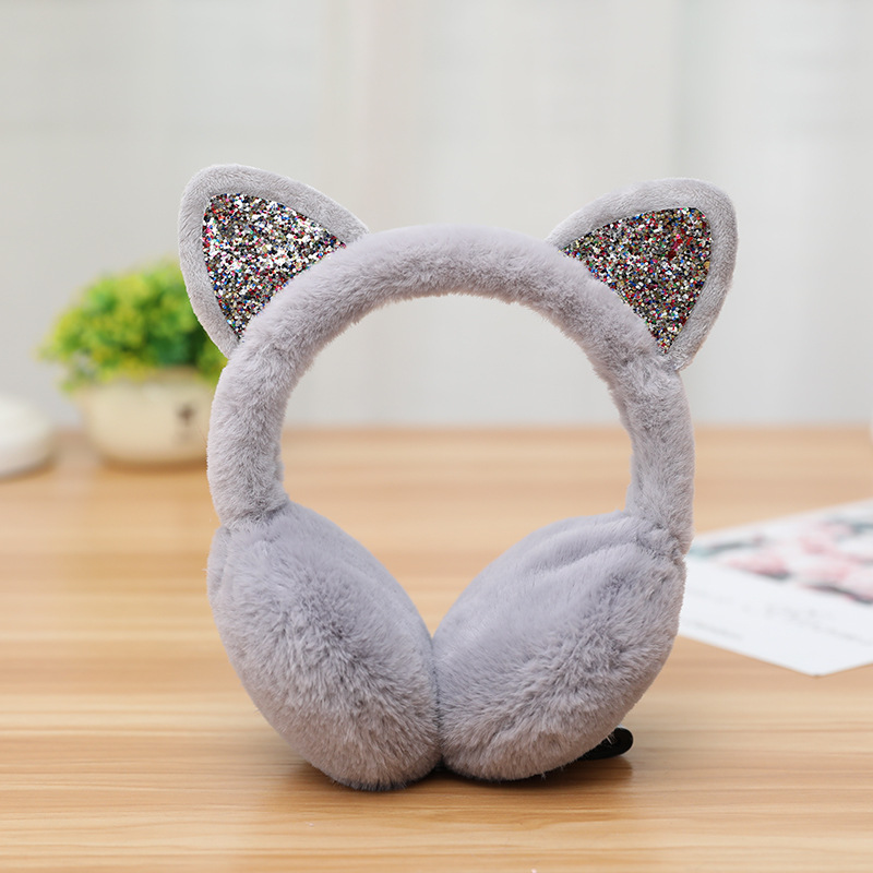 Earmuffs orelhas de gato brilhante earmuffs pelúcia inverno bonito glitter sequinear aquecedores earmuffs proteção fria macio earmuffs: Gray