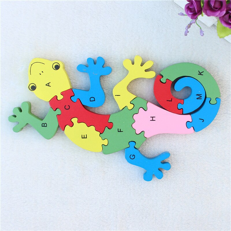 Wooden 3D Jigsaw Educational Toys Animals Elephant Cow Dinosaur Puzzle Wood Toys Kids Numbers Alphabetic Letters Learning Toys: Gecko