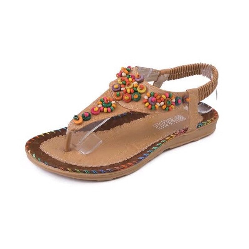 Sandalen Vrouwelijke Zomer Explosie Modellen Bohemian Zoete Agaat Handgemaakte Kralen Visgraat Pin Platte Leuke Strand Schoenen: Bruin / 6