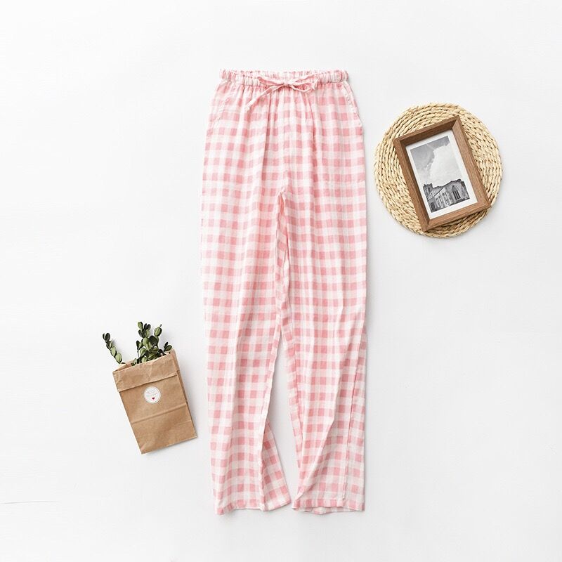 Lente Herfst Vrouwen Mannen 100% Katoen Gaas Slaap Bodems Mannelijke Nachtjapon Broek Nachtkleding Pyjama Liefhebbers Casual Plaid Broek: Women Pink / M