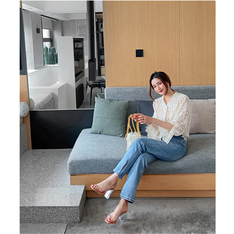 Sandalias transparentes de tacón grueso de cristal de gelatina de PVC para Mujer, Sandalias sexis de tacón alto a la para verano, Zapatillas de tacón para Mujer