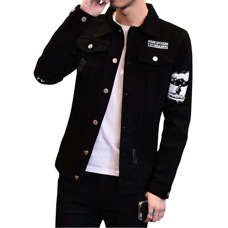 spring Autumn Casual men\'s Korean teenagers jacket patch youth Slim handsome clothes male black denim jacket