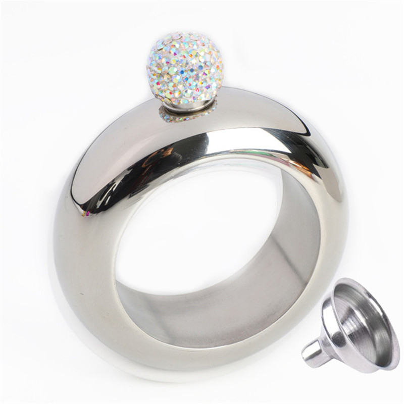 Bracelet rond Portable de 3.5oz avec couvercle en diamant, gourmette ronde, bouteille de bière, de Whisky, de mariage: N With Rhinestones