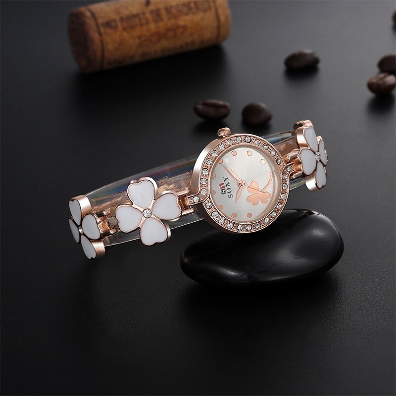 Soxy merk roségouden armbandhorloge dames luxe quartzhorloge met strass, volledig stalen bloemenhorloge dameshorloge relogio feminino