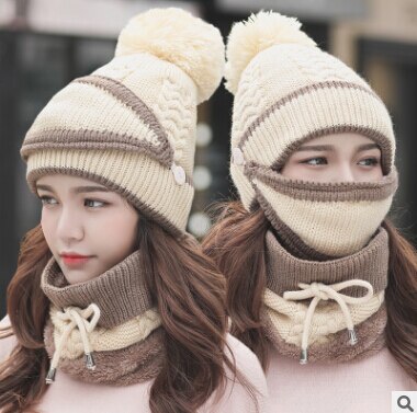 Nueva de Otoño Invierno, gorro para mujer, gorro de punto cálido, bufanda a prueba de viento, gorro multifuncional, bufanda, conjunto de accesorios de ropa, traje: beige
