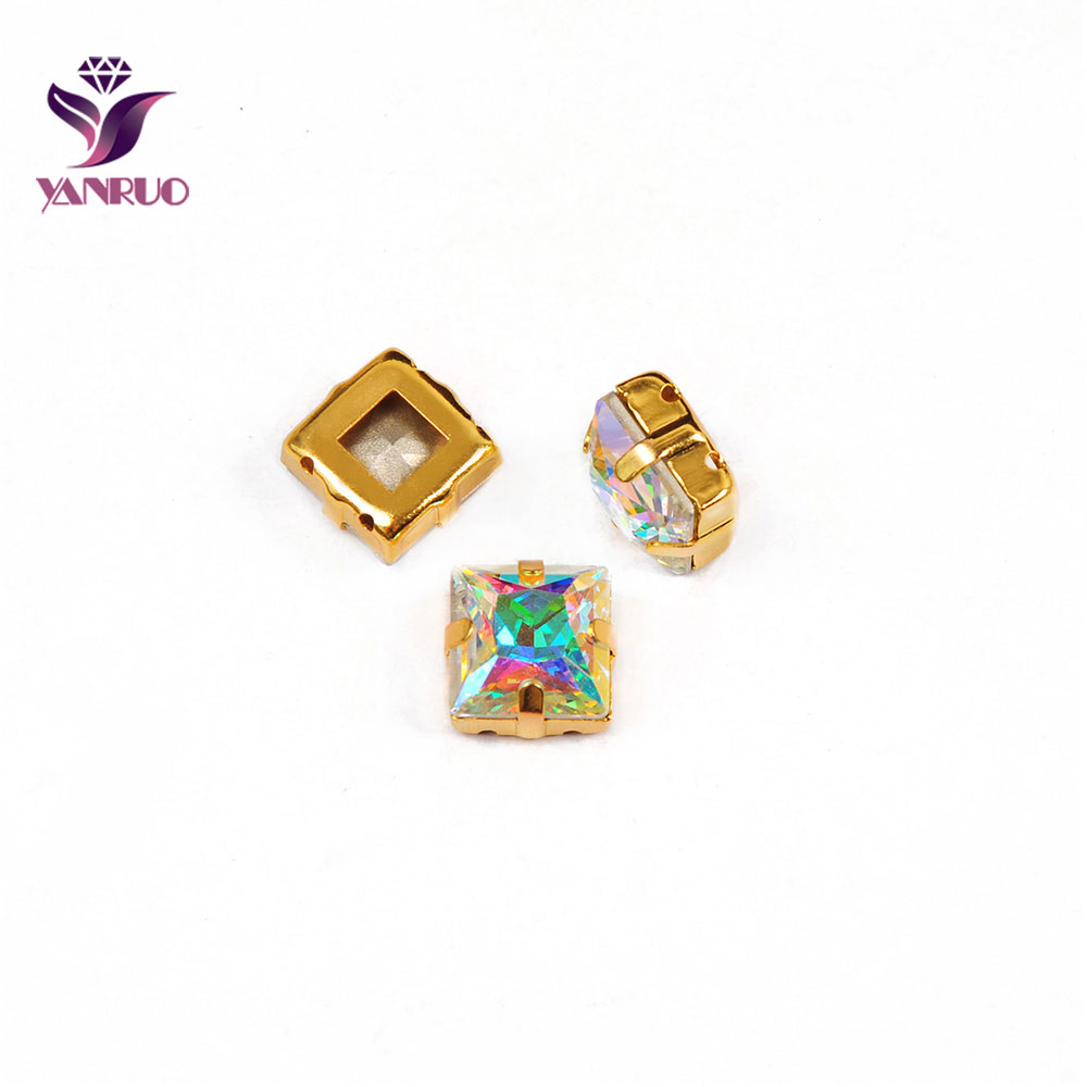 Yanruo 4447 Prinses Vierkante Kristal Ab Strass Naaien Stenen Crystal Pointback Rhinestones Voor Jurk Ornamenten Diamant: With Gold Claw / 8mm 18Pcs