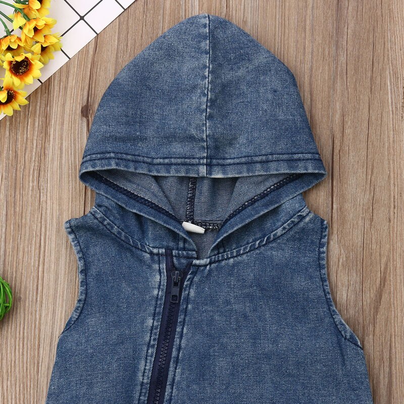 Focusnorm 2 Farben 0-4T Kleinkind Baby-Body Overall Ärmelloses Hooded Zipper Feste Denim Sommer Kleidung Sunsuit