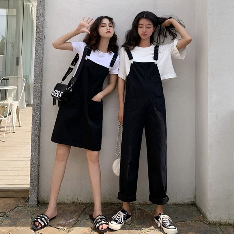 Plus size koreansk stor ficka lösa overaller streetwear femme hängslen dam hängslen svart gul jumpsuit med vida ben kvinnor  kz135
