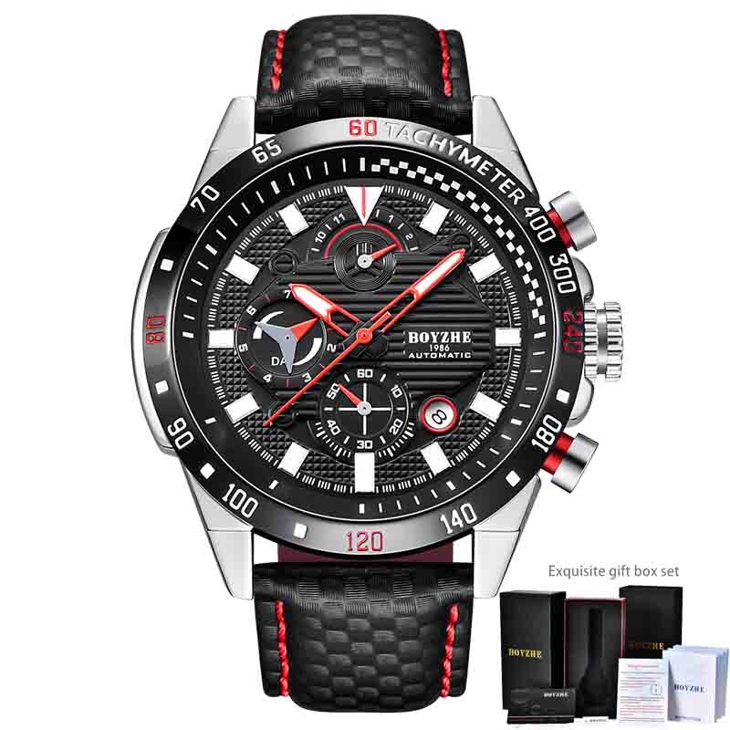 BOYZHE Sport Automatische Uhr Männer Edelstahl Chronograph Herren Mechanische Uhren Auto Datum Luxus montre homme: Silber- Schwarz Leder