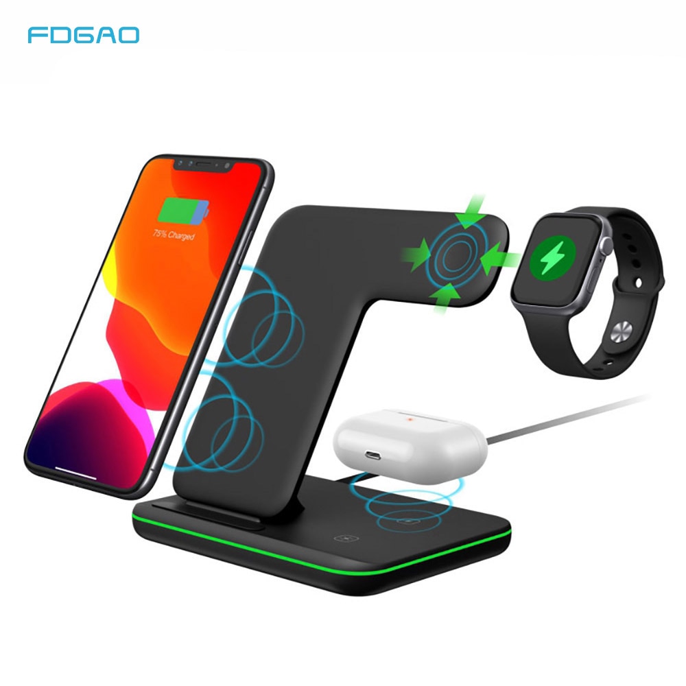 Fdgao 15w qi carregador sem fio suporte para iphone 12 11 xs xr x 8 estação doca de carga rápida para airpods pro apple assista se 6 5 4 3