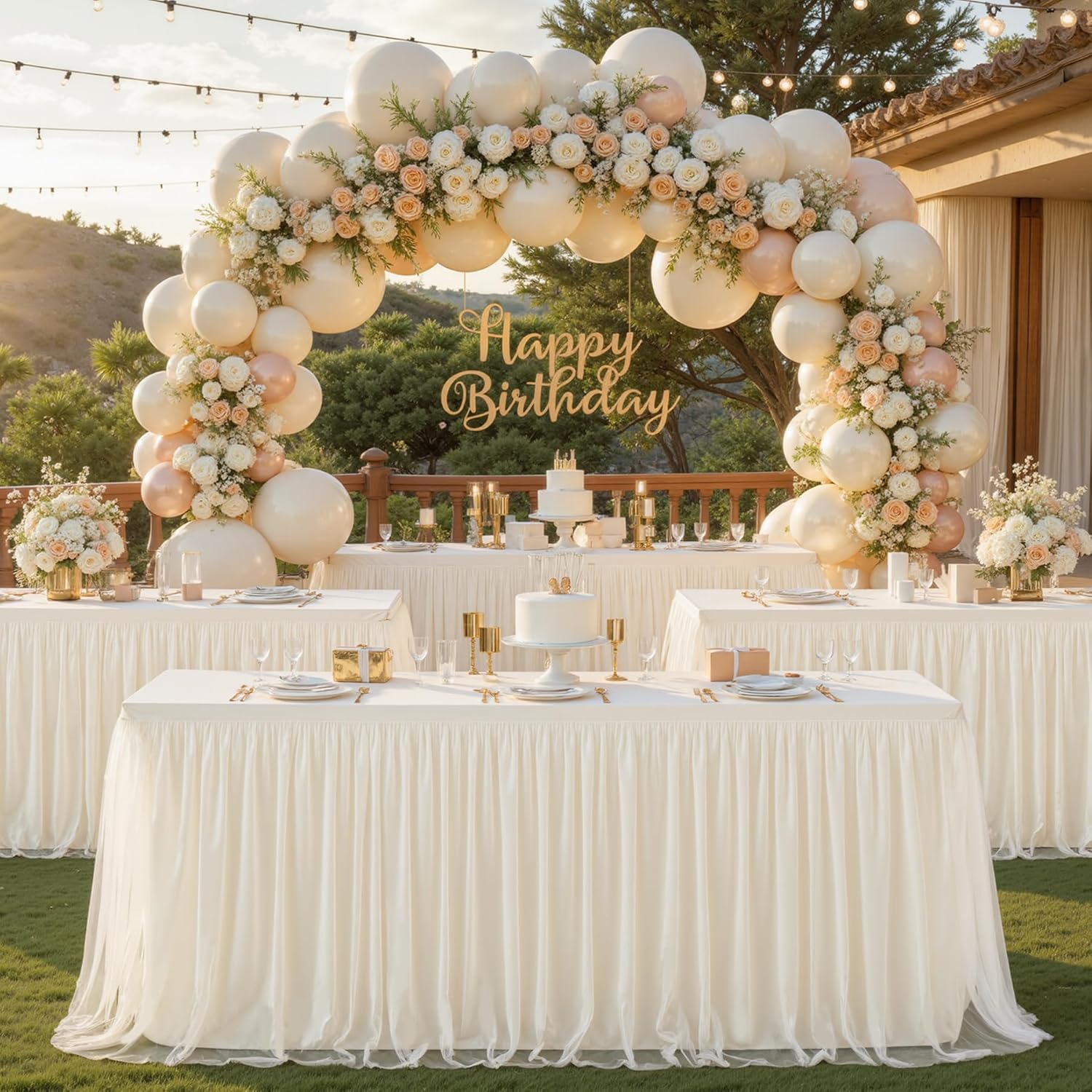 Ivory Tulle Table Skirts for Rectangle Tables 8ft 6ft 4ft for Wedding Party Birthday Baby Shower Cake Event Dessert Tablecloth