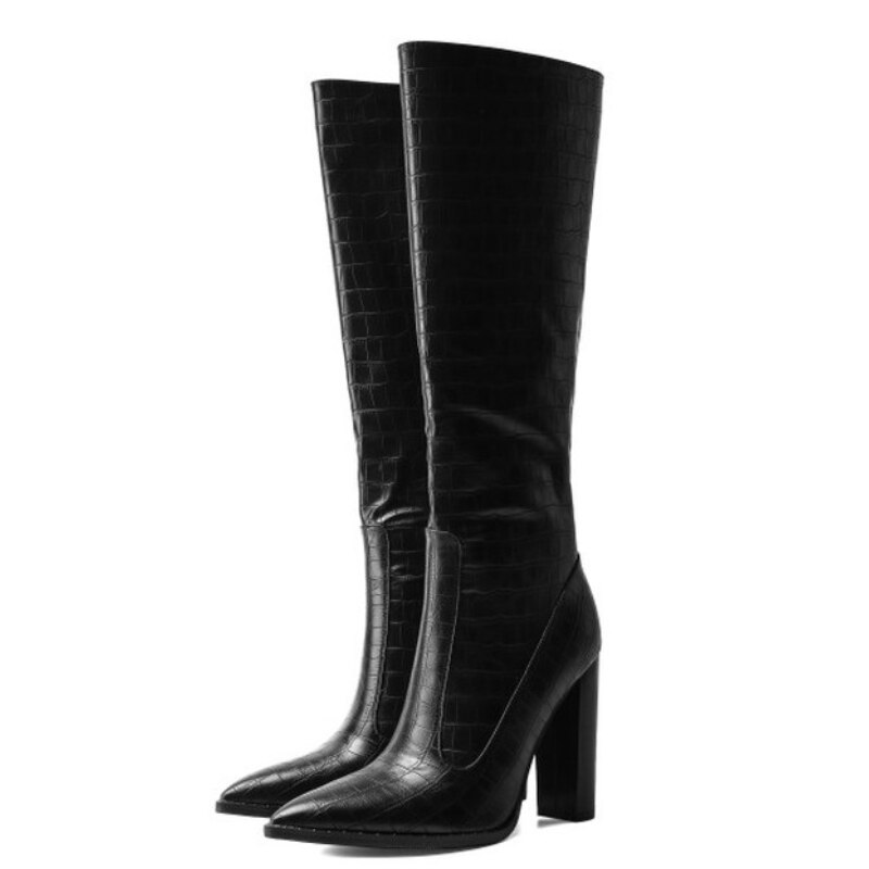 Bottes hautes pointues et épaisses à talons hauts pour femme, chaussures européennes et américaines, noires, blanches, grandes 43, sexy, hiver