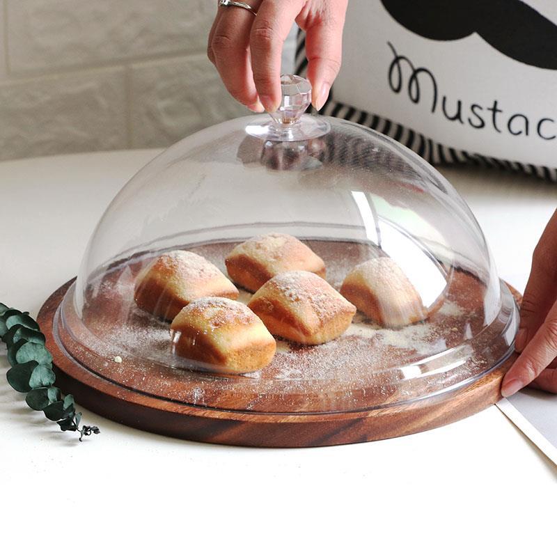 Acacia Wood Dessert Serving Tray Cake Stand with Acrylic Transparent Dome Household Bread Pastry Display Board for Party