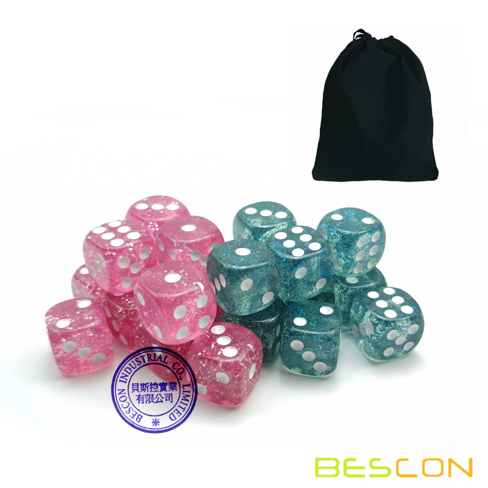 Bescon Ethereal Glitter 12mm 6 Sided Game Dice Set of 24pcs in Velvet drawstring Pouch, Pink and Teal (12pcs of each color)