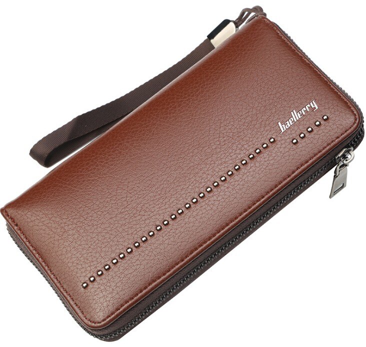 Portefeuille baellerry en cuir synthétique pour homme, grande capacité, avec fermeture éclair et bandoulière: Marron clair