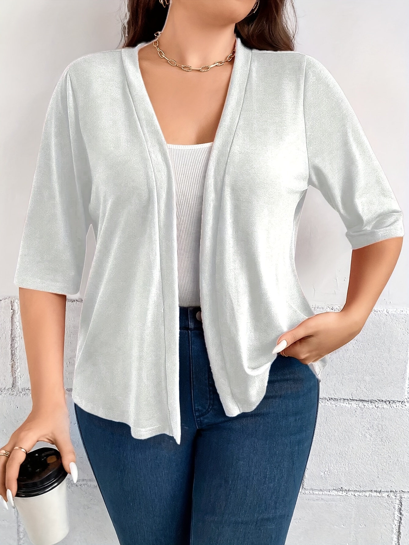 Blazer Drapé à Manches Trois-Quarts pour Documents, Veste Simple et Polyvalente, Couleur Unie, Grande Taille: 4XL / WHITE