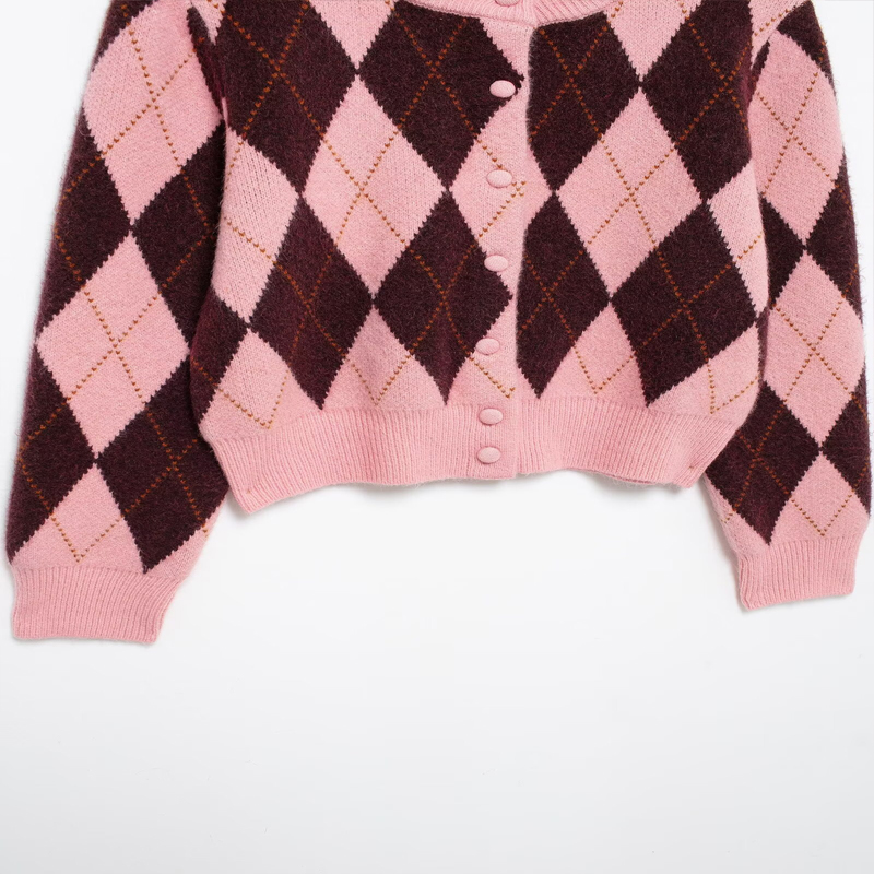 Koekop Giacca da donna chic da donna a maniche lunghe vintage con motivo a diamanti e girocollo alla moda