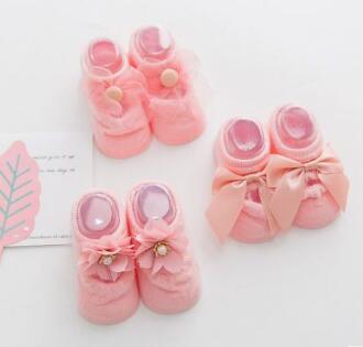 baby baby thin cotton socks floor combed cotton bud silk flowers bow antiskid ship rubber toddler baby non-slip socks point: Pink 3 pair / 0 to 1 year