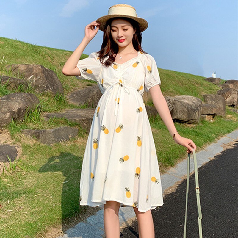 Verano embarazo vestido de mujer de talla grande ropa de maternidad embarazada ropa de piña y fresa bordado patrón femenino