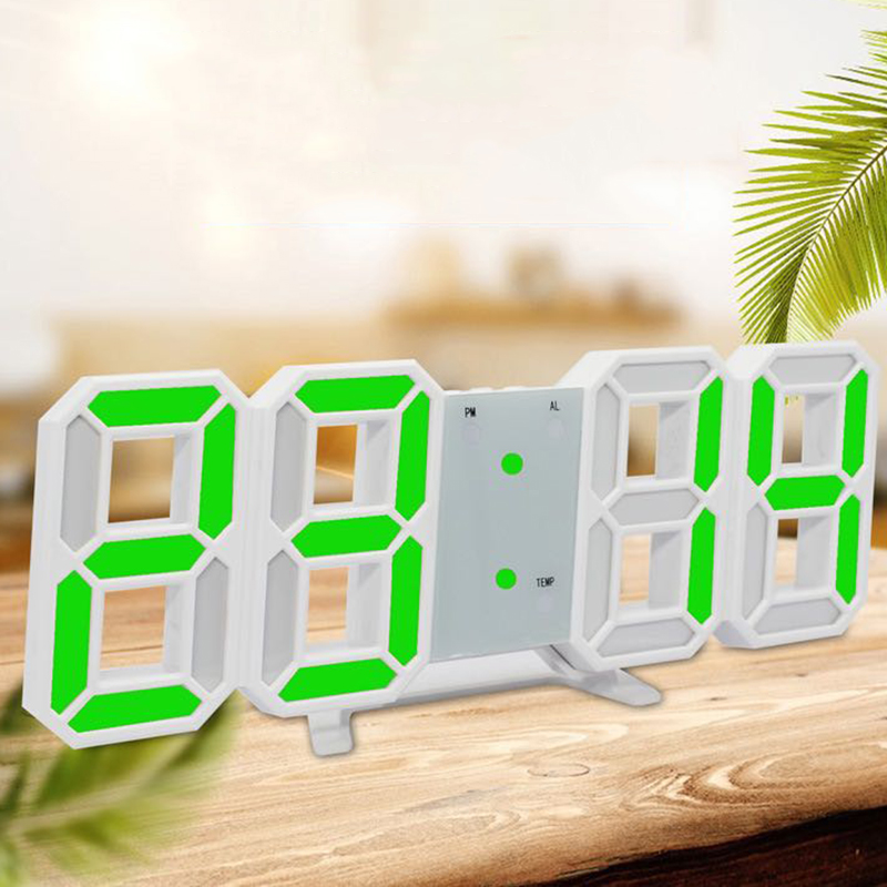 Multi-fonction 3D LED réveil numérique grand bureau mural Snooze horloge moderne 12/24 heure heure/Date/température affichage haut de gamme: green