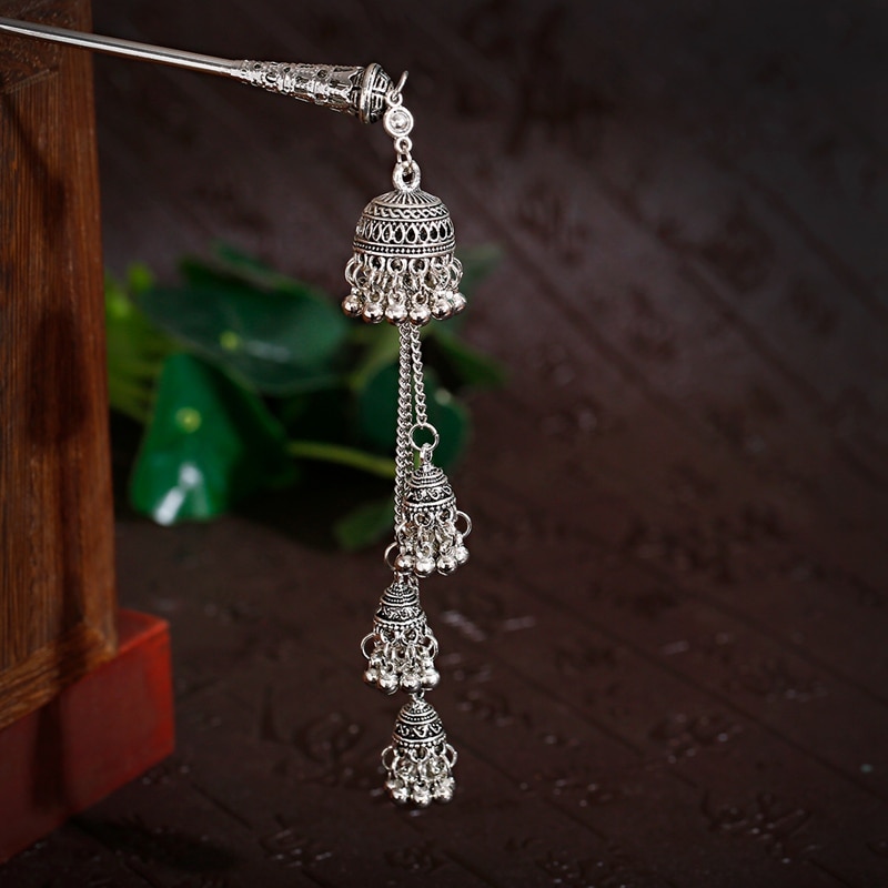 Vintage Zilveren Kleur Indian Bells Haarspeld Voor Vrouwen Etnische Parel Kwastje Hanger Haar Sticks Haar Sieraden