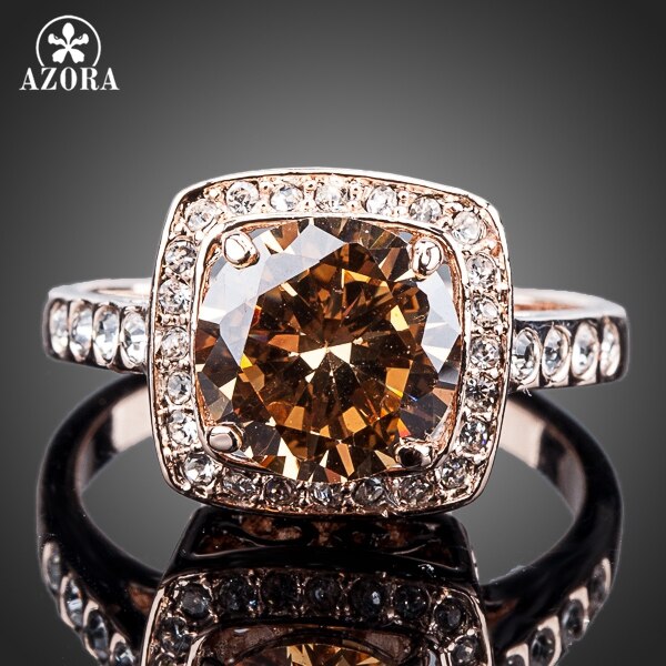 Azora Royal Designrose Goud Kleur Met Strass Omgeven Plein Oranje Crystal Ring TR0095
